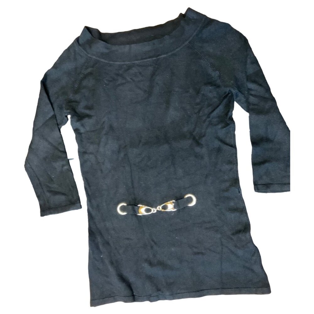Womens Black 3/4 Sleeve Knit Top With Decorative Metal Accents Size Medium Rayon